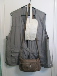 My travel vest with inside pockets, money belt, shoulder purse to prevent pickpockets.