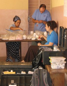 Packaging medicine after our long flight.