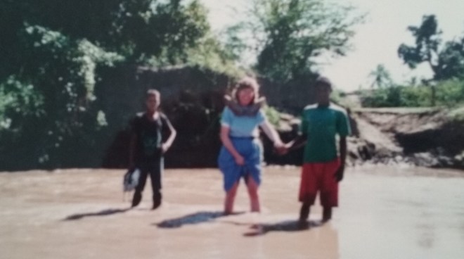 The boys helped me wade across the stream. I prayed I wouldn't get worms through my feet!